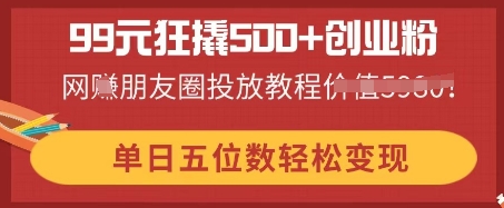 99元狂撬500+创业粉，单日五位数轻松变现，网创朋友圈投放教程-神聪资源精品网-全网资源最全的网站每日分享